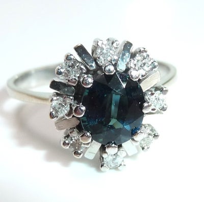 Ring - 14 karat Hvidguld Diamant  (Natur) - Safir