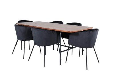 UnoWA spisebordssæt spisebord valnød dekor og 6 Berit stole velour sort.
