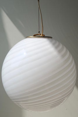 D:40 cm Stor vintage Murano rund hvid swirl pendel loftlampe med messing 