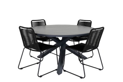 Parma havesæt bord Ø140cm og 4 stole stabel Lindos sort, grå.