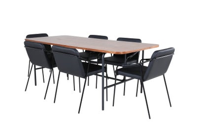 UnoWA spisebordssæt spisebord valnød dekor og 6 Tvist stole PU kunstlæder sort.