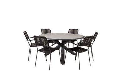 Parma havesæt bord Ø140cm og 6 stole armlænS Lindos sort, grå.