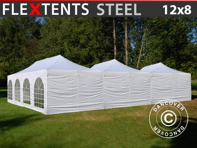 Foldetelt FleXtents Easy up pavillon® Steel 12x8m Hvid, inkl. 8 sider