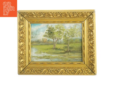Gylden billedramme med landskabsmaleri (str. 38,5 x 22 cm)