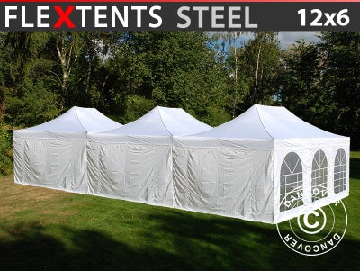 Foldetelt FleXtents Easy up pavillon® Steel 12x6m Hvid, inkl. 8 sider