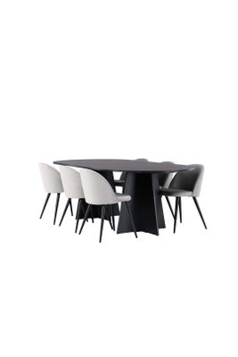 Bootcut spisebordssæt bord sort og 6 Velvet stole grå.
