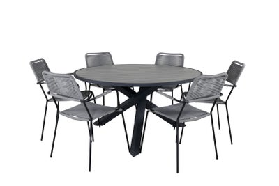 Parma havesæt bord Ø140cm og 6 stole armlænG Lindos sort, grå.