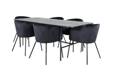 UnoBL spisebordssæt spisebord sort og 6 Berit stole velour sort.