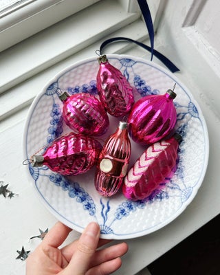 Vintage julekugler, store pink ornamenter, 6 stk samlet