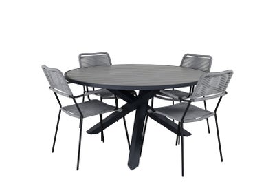 Parma havesæt bord Ø140cm og 4 stole armlænG Lindos sort, grå.