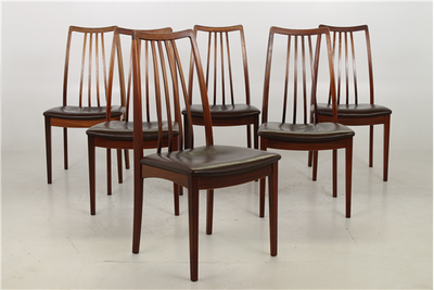 6 stole. Palisander og læder. Ukendt dansk designer. God vintage stand.