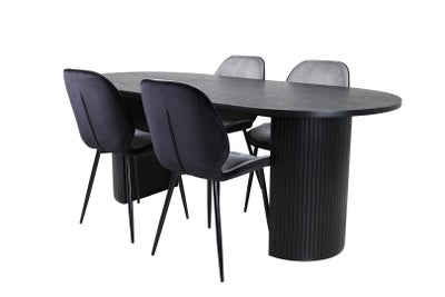 BiancaBL spisebordssæt spisebord sort og 4 Emma stole velour grå,sort.