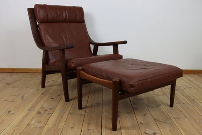 Høj vintage lænestol + skammel i røget eg designet af Hans j Wegner