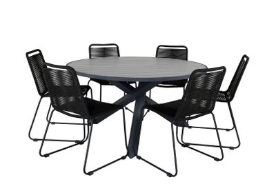 Parma havesæt bord Ø140cm og 6 stole stabel Lindos sort, grå.