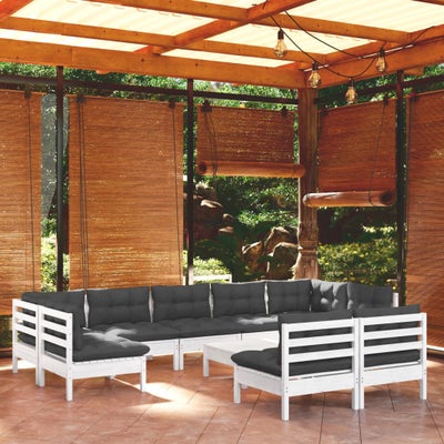 vidaXL loungesæt til haven 10 dele med hynder massivt fyrretræ hvid