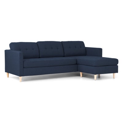 Marino sofa, chaiselongsofa højre eller venstrevendt i stof blå og med træben.