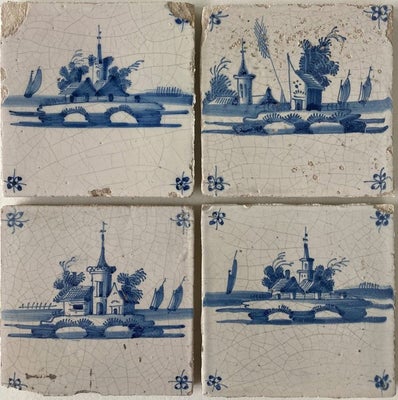 Flise - Delft blå fliser med slotte og gård med skibe - 1700-1750