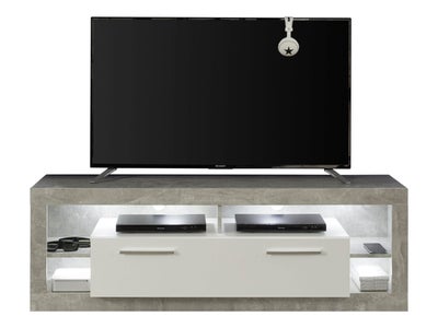 Rock TV møbel 150 cm 1 låge, 4 åbne rum Beton dekor, hvid, hvid højglans.