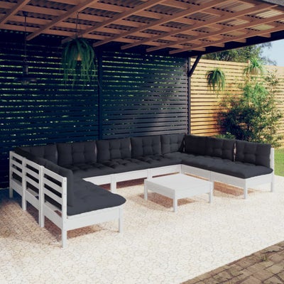 vidaXL loungesæt til haven 10 dele med hynder massivt fyrretræ hvid