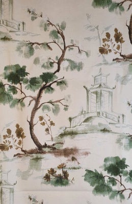 Sjældent orientalsk art nouveau stof med pagoder - 300x280cm - grøn - Tekstil...